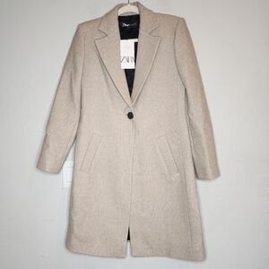 NWT Zara Wool Blend Beige Single Button Collared Long Coat Women's Size small